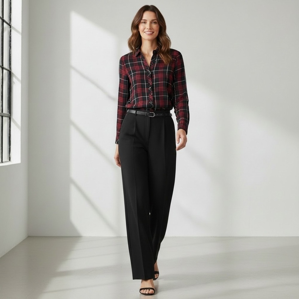 J. Jill Plaid Button Down Women M Black Red Tartan Lightweight Modern NWT $79